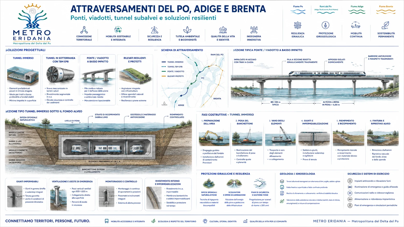 Tavola concettuale di attraversamenti di Po, Adige e Brenta